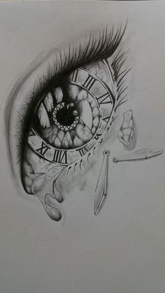 a pencil drawing of an eye with the clock in it's center and some scissors