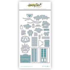 the paper house die set is shown in blue and white with trees, bushes, and buildings