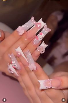 Long Pink And White Nails, White And Pink Nail Ideas, White Y2k Nails, Medium Pink Nails, Pink Nail Ideas, Pink And White Nails, White Y2k, Gel Toe Nails, Acrylic Toes