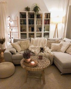 a living room filled with furniture and bookshelves next to a window covered in curtains