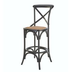 a black metal stool with a wooden seat