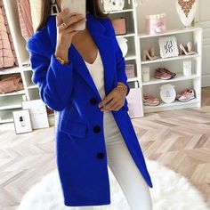 Sleeve Winter Women Long Wool Coat on Storenvy Formal Jackets For Women, Mode Mantel, Elegant Blazers, Casual Outwear, Wool Winter Coat, Wool Coat Women, Womens Windbreaker, Blue Coat, Long Wool Coat