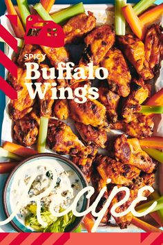 an advertisement for buffalo wings with celery, carrots and ranch dressing on the side