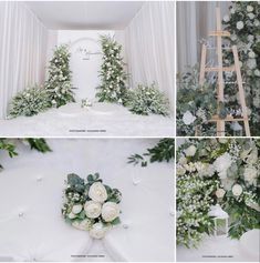 wedding flowers and greenery are arranged on the floor in front of a white backdrop