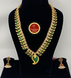 Design by Classical Dance Jewelry® -- Colorful And Designer Beautiful Necklace For Women.You Can Wear this Necklace Set In Parties, Engagement, Weddings, Birthdays And Many Occasion As You Like. -- Handmade Indian Item. Every Necklace Studded Beautifully in Enamel And Gold Finish. -- Especially For Bharatnatyam And Kuchipudi Dance Performances. -- Please Keep Away From Perfumes, Deodorants And Water For Long Life. ❇️ Imitation Jewelry by nature is little soft compared to real jewelry so little s Green Temple Necklace With Latkans For Diwali, Festive Green Temple Necklace With Peacock Design, Green Bridal Necklace For Festivals And Celebrations, Green Bridal Necklace For Celebration Festivals, Green Temple Necklace With Latkans For Festivals, Diwali Green Temple Necklace With Peacock Design, Green Temple Necklace For Navratri Wedding, Green Bridal Necklace For Puja And Festivals, Green Temple Necklace For Wedding And Navratri