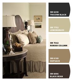 the color scheme for this bedroom is brown and white, with neutrals in it