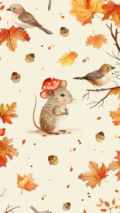 a mouse with a mushroom on it's head surrounded by autumn leaves and birds