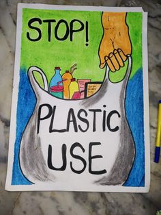 a drawing of a hand holding a plastic bag with the words stop in black writing on it