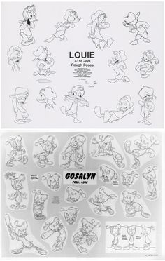 various cartoon character drawings are shown in this image and on the same page, there is an