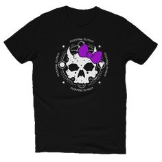 a black t - shirt with a purple bow on the front and skull in the middle