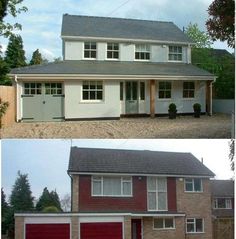 before and after pictures of a two story house with red garage doors on both sides