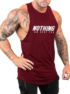 Burgundy  Collar Sleeveless Fabric Slogan  Embellished Slight Stretch  Men Activewear Men Activewear, Sports Tank Top, Top Tank, Casual Design, Sports Tees, Mens Activewear, Racer Back