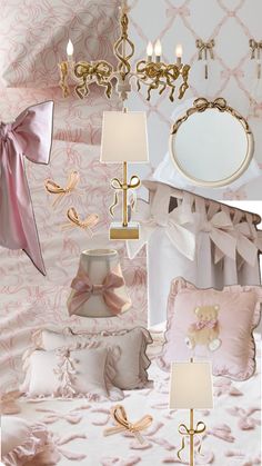 a collage of pink and gold bedroom decor