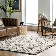 a living room with two couches and a rug in front of a window on the floor