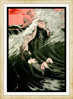 a drawing of a man riding a wave in the ocean