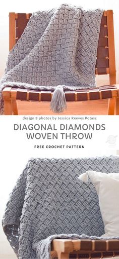 a crocheted afghan sits on a chair with the text, diagonal diamonds woven throw