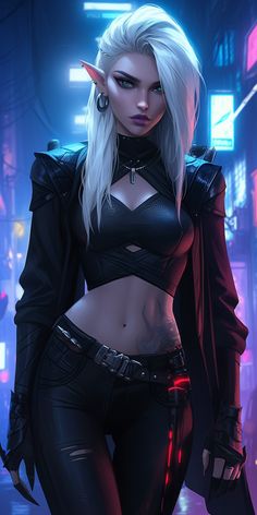 a woman with white hair and black clothes standing in front of a neon light at night