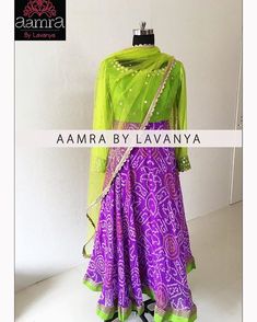 #Loveforcolors #signaturestyle #bandhini Customized lavender bandhini in combination with limegreen. For details and color… Bandhni Kurti, Desi Attire, Bandhani Dress, Saree Dress