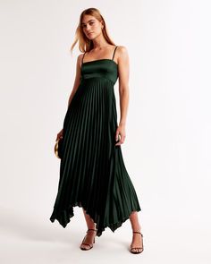 Women's The A&F Giselle Clasp-Back Pleated Midi Dress | Women's The A&F Wedding Shop | Abercrombie.com Deep Green Dress, Cocktail Wedding Attire, Fall Wedding Guest Dresses, Female Features, New Party Dress, Straps Dress, Fall Wedding Guest, Fall Wedding Guest Dress, Pleated Midi Dress