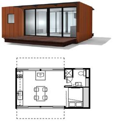 the floor plan for a tiny house with an attached kitchen and living room, as well as a bedroom