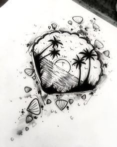 a black and white drawing of a heart with palm trees on the beach in the background