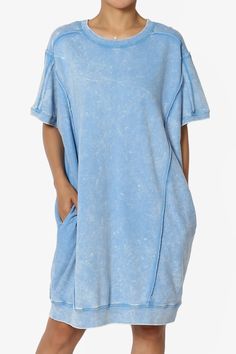 Olsen French Terry Acid Wash T-Shirt Dress SKY_1 Casual Cotton T-shirt Dress With Relaxed Fit, Comfortable Relaxed Fit Dress With Short Sleeves, Oversized Crew Neck T-shirt Dress For Summer, Casual Relaxed Fit T-shirt Dress For Loungewear, Casual Loungewear Dress With Curved Hem, Oversized Casual Crew Neck Dress, Casual Oversized Dress With Curved Hem, Casual Crew Neck Loungewear Dress, Casual Cotton Crew Neck T-shirt Dress