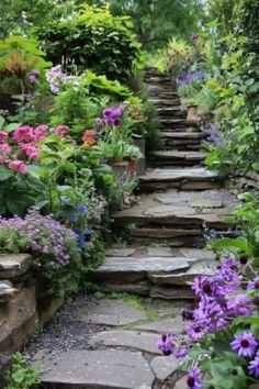 stone steps lead up to a garden filled with flowers