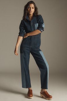 Denim, decoded: We’re digging denim in every corner of our closet. The Indie – Seventy + Mochi's signature jumpsuit – makes one-and-done dressing stylish with its shirt collar, fitted waist, and an abundance of pockets. | Indie All-In-One Denim Jumpsuit by Seventy + Mochi in Blue, Women's, Size: 10, Cotton/Viscose at Anthropologie Chic Denim Overalls For Workwear, Dark Wash Straight Leg Jumpsuits For Workwear, Chic Straight Leg Denim Jumpsuit For Work, Trendy Dark Wash Denim Jumpsuit For Work, Denim Straight Leg Jumpsuits For Work, Relaxed Fit Denim Blue Jumpsuits For Work, Denim Blue Relaxed Fit Jumpsuits For Workwear, Utility Denim Blue Jumpsuits And Rompers For Work, Denim Blue Utility Jumpsuits And Rompers For Work