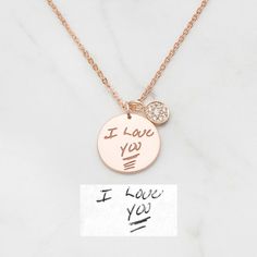 This tenderly crafted disc necklace can be personalized with handwritten note from your loved one. Just find an old card or letter, snap a pictures and upload. You can add a short handwritten message from the same person at the other side.  ? HANDWRITING DISC NECKLACE WITH BUTTON CHARM  • Material: High Quality Solid 925 Sterling Silver   • Finishing: Silver, Gold or Rose Gold.   • Word limits: up to 5-6 words/side. The pendant is engravable on either side, or both.  • All of our jewelry are han Engraved Necklace Ideas, Charm Handwriting, Customized Gifts For Boyfriend, Necklace Mama, Handwritten Necklace, Keepsake Necklace, Christmas Gift Items