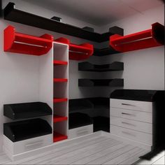 a white and black room with red shelves