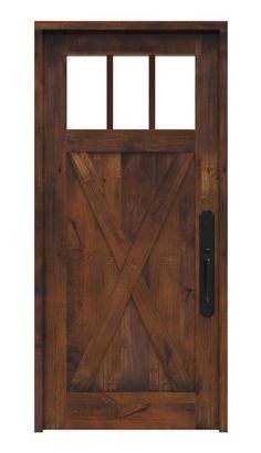 a wooden door with glass panels and an iron handle on the side panel, against a white background