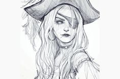 a drawing of a woman wearing a pirate hat