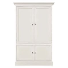 a white cabinet with three doors and two drawers on the bottom, against a white background