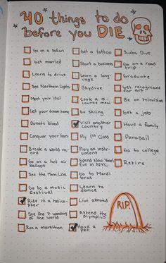 a notepad with an orange and black checklist on it that says 10 things to do before you die