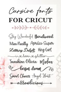 the cursive font for cricut is displayed next to a keyboard and pink flowers