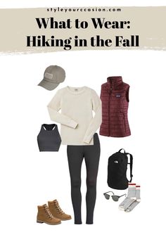 a woman in black pants, white sweater and brown boots with text overlay that reads what to wear hiking in the fall