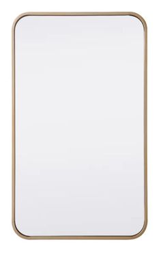 a square mirror on a white background with a gold frame and metal trim around the edges