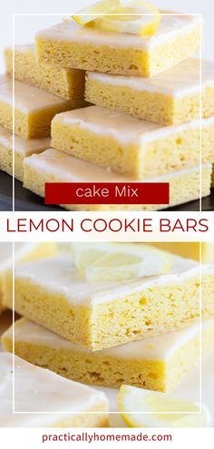 lemon cookie bars stacked on top of each other with the words cake mix in front of them