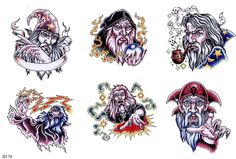 some old school tattoos with different designs on the back of them, including an evil man and