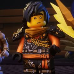 the lego movie characters are standing next to each other in front of an evil looking creature