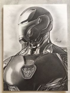 a black and white drawing of a iron man