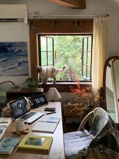 a cat standing on the window sill next to a desk with a laptop and other items