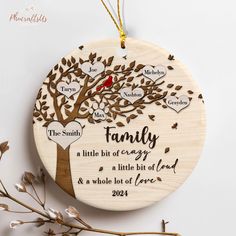 personalized family ornament with tree and birds