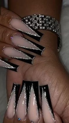 Black Rhinestone Nails Diamonds, Black Nails With Sparkle Design, Black French Tip Nails Acrylics Long With Rhinestones, Beautiful Black Acrylic Nails, Baddie Black Nails Acrylic, Sparky Black Acrylic Nails, Acrylic Nail Designs Black Sparkle, Black Baddie Nail Designs, Black With Glitter Nails Acrylic