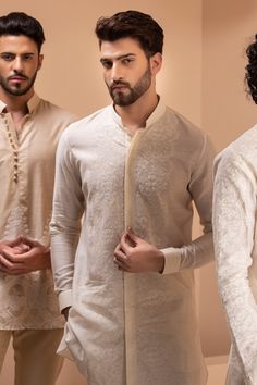 Cream silk kurta with crochet embroidery and cuffes sleeves. - Aza Fashions Cotton Silk Traditional Wear With Embroidered Sleeves, Traditional Wear With Embroidered Long Sleeves In Cotton Silk, Traditional Cotton Silk Wear With Embroidered Long Sleeves, Traditional Sherwani With Embroidered Sleeves, Traditional Bandhgala With Embroidered Sleeves For Eid, Straight Kurta In Raw Silk With Embroidered Sleeves, Raw Silk Kurta With Embroidered Sleeves, Straight Raw Silk Kurta With Embroidered Sleeves, Straight Kurta With Embroidered Sleeves In Raw Silk