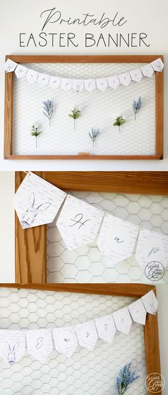 some paper flowers are hanging on a wooden frame with the words printable easter banner