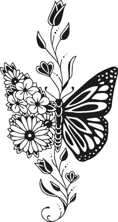 a black and white drawing of a butterfly with flowers in it's back end