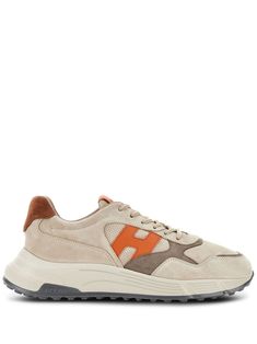 sesame beige/carrot orange calf suede/calf leather panelled design logo patch to the side logo patch at the tongue perforated detailing contrasting heel counter round toe front lace-up fastening logo at the sole flat rubber sole Jogging Shoes, Hogan Sneakers, Brown Sneakers, Sneakers Blue, Sneakers Grey, Flat Sneakers, Orange Brown, Sneakers White, Giuseppe Zanotti