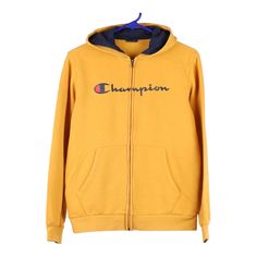 Vintage yellow Age 13-14 Champion Hoodie - boys x-large Retro Yellow Sweatshirt For Winter, Yellow Hooded Jacket For Fall Streetwear, Fall Streetwear Yellow Hooded Jacket, Yellow Hooded Hoodie For Winter, Yellow Hooded Sweatshirt With Adjustable Hood, Yellow Sports Hoodie Sweatshirt, Yellow Sports Sweatshirt With Drawstring Hood, Yellow Hoodie With Double-lined Hood For Streetwear, Yellow Streetwear Hoodie With Drawstring Hood