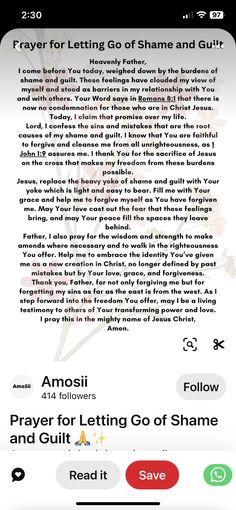 an iphone screen with the text prayer for letting go of shame and guilt on it